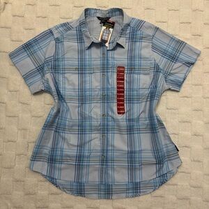 Eddie Bauer Women’s Blue Plaid Short Sleeve Adventure Shirt Polyester, X-Large